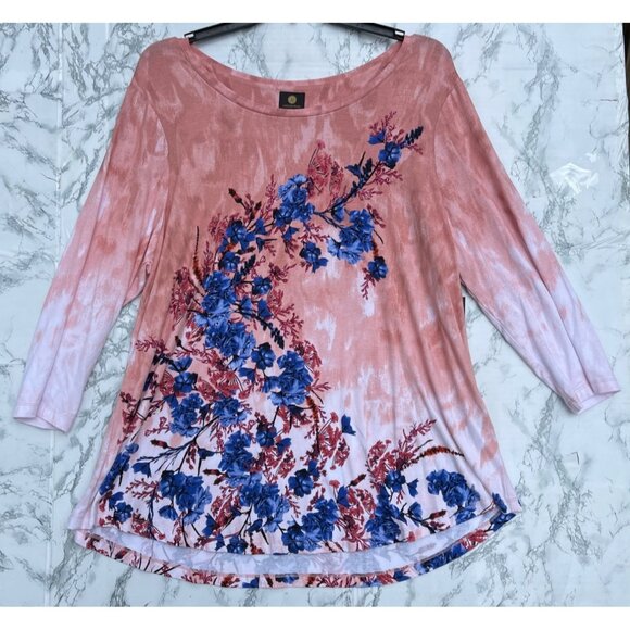 JM Collection Womens 3X Pink Floral Tunic Top With Blue & Red Flowers Rayon/Span - Picture 1 of 7